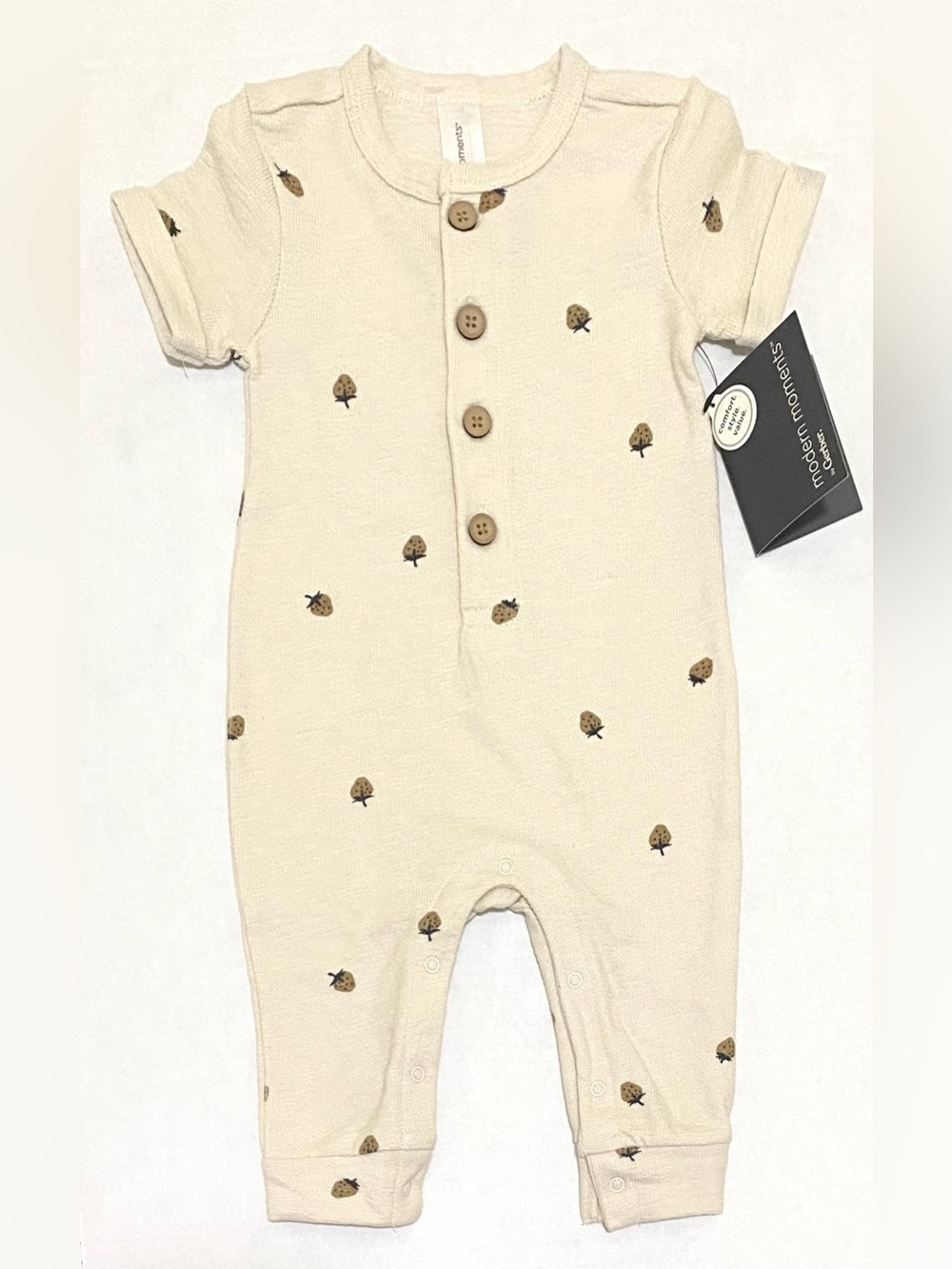 Modern Moments Girls 3-6M Tan Strawberry Cotton Henley Romper Boho Lightweight - Picture 5 of 15